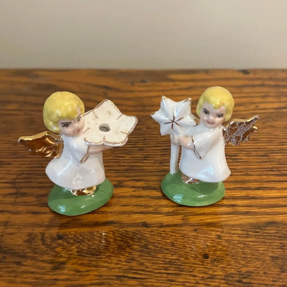 Vintage Pair of Porcelain Angel Figurines 2.5'' Miniature Cherubs Candle Holders